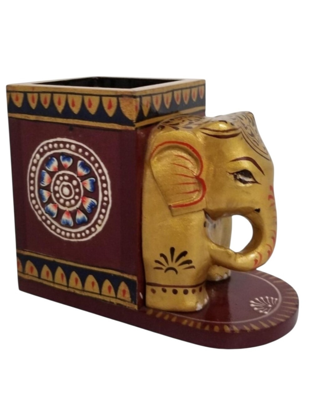 Vintage Hand Painted Indian Wooden Elephant Pencil Holder Boho Desk Decor